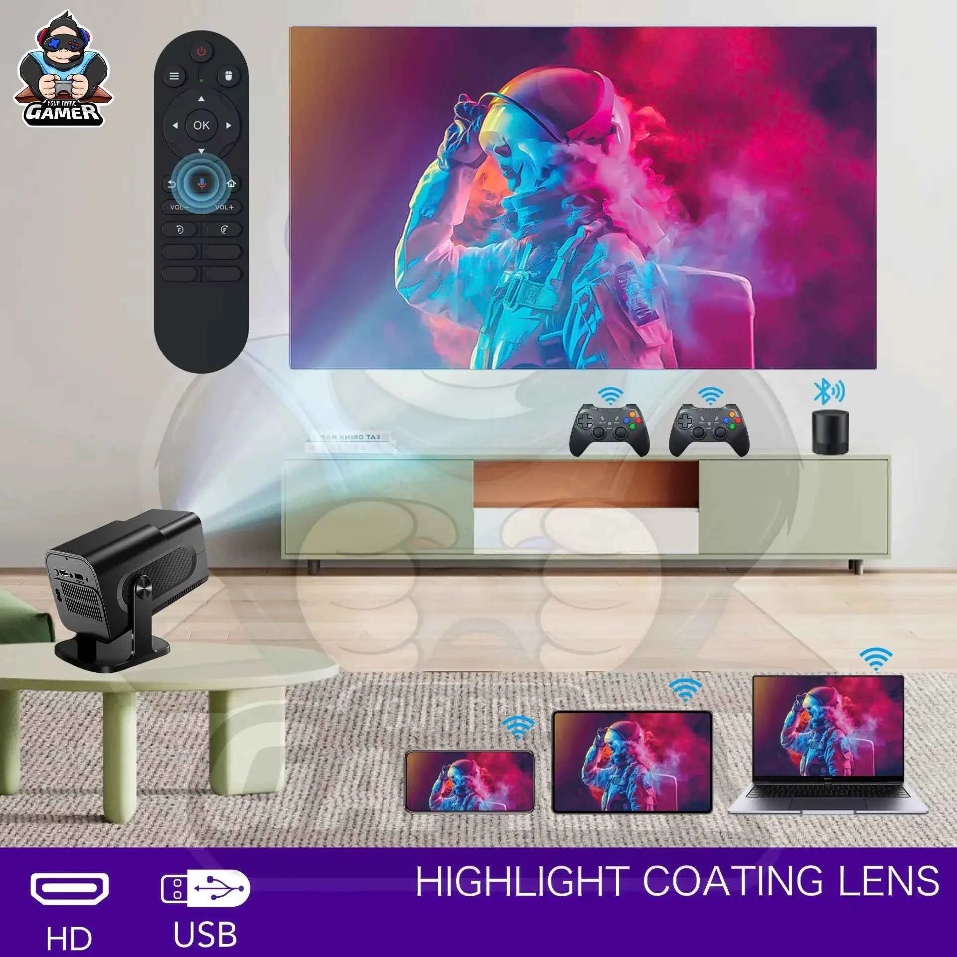 HCS350 Pro+ Smart Mini Projector | 4K Input, Android 16, 450 ANSI Lumens. 200" Home Cinema