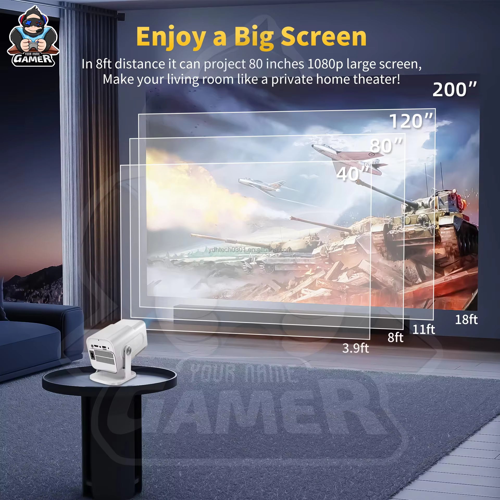 Game Projector 4K YDH-HCS350 Pro 2025 Android 11, 1000 Lumens, 150 Inch Display, BT5.0, Auto Zoom, 2G RAM Portable Projector
