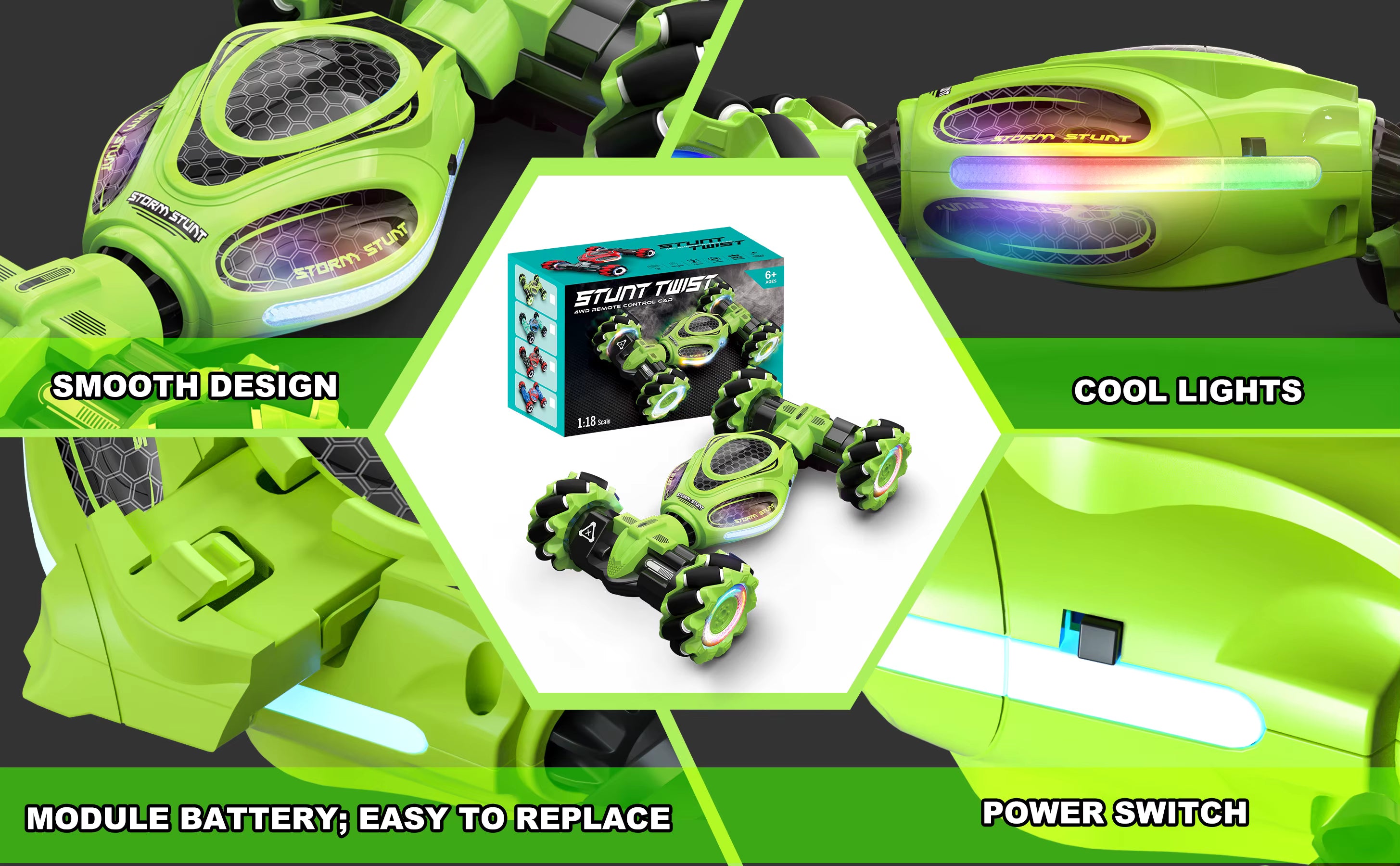HOSHI Stunt Car 1611 PRO 2.4GHz 1:18 Scale 4WD Twist Drift RC Car with Watch Remote Control, Toys for Kids