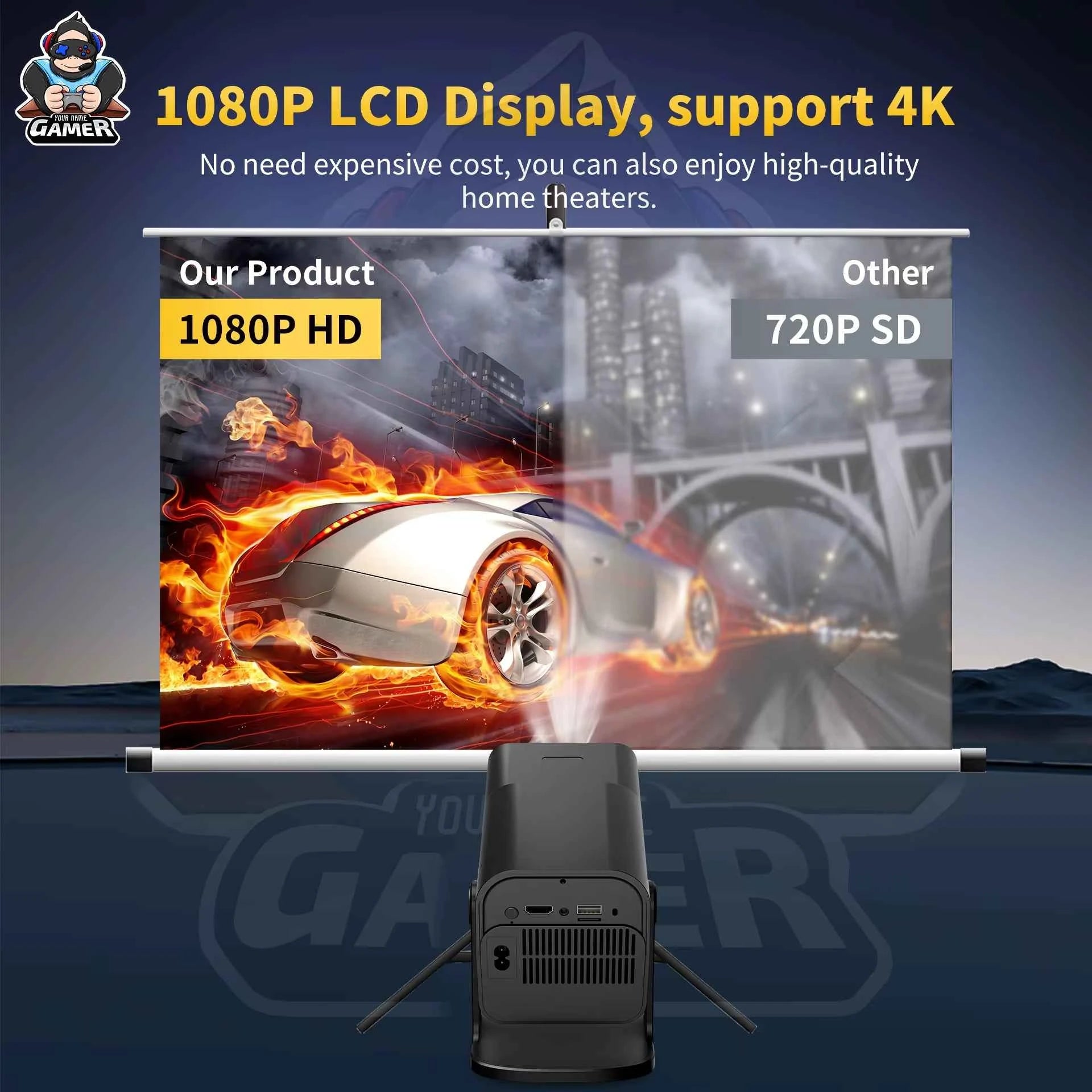 HCS350 Pro+ Smart Mini Projector | 4K Input, Android 16, 450 ANSI Lumens. 200" Home Cinema