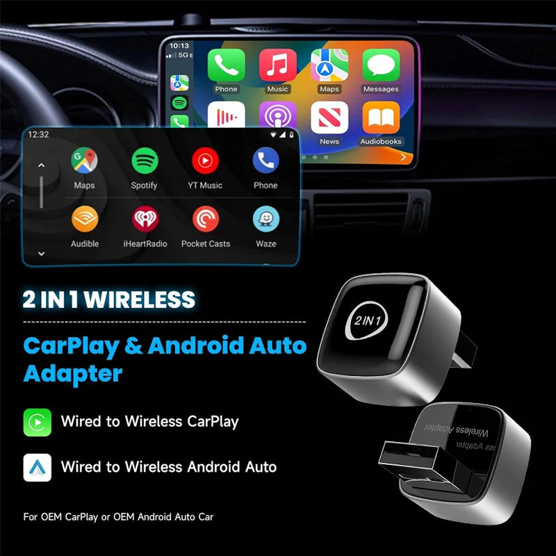 Mini Wireless Adapter, Small USB CarPlay and Android Auto Dongle ODM Converter for Apple iOS and Android Devices