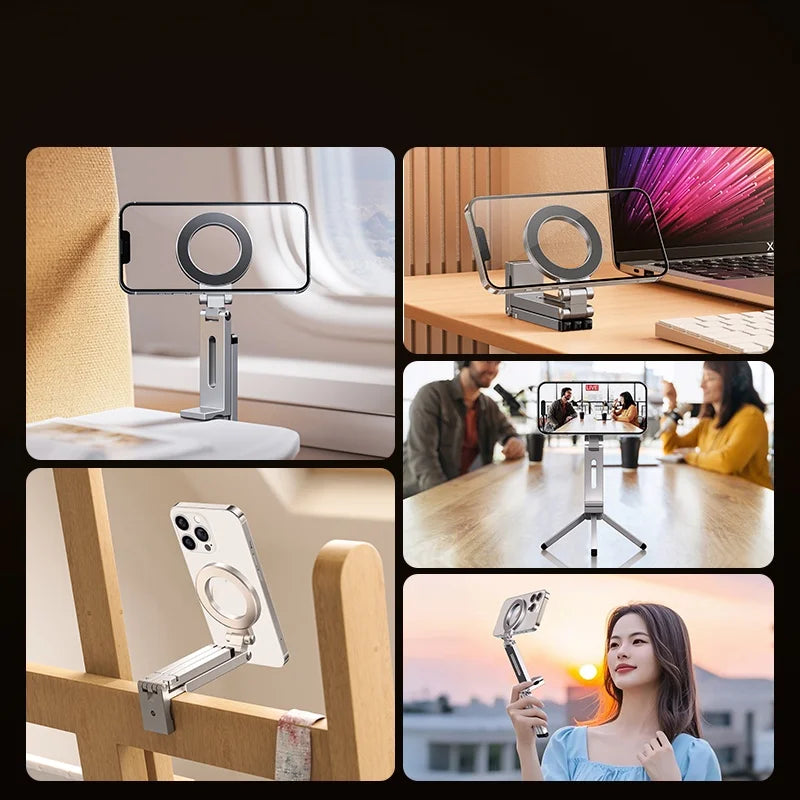 Magnetic Tripod Stand 360° Rotating Foldable Pocket Mount Compatible with iPhone and MagSafe Phones