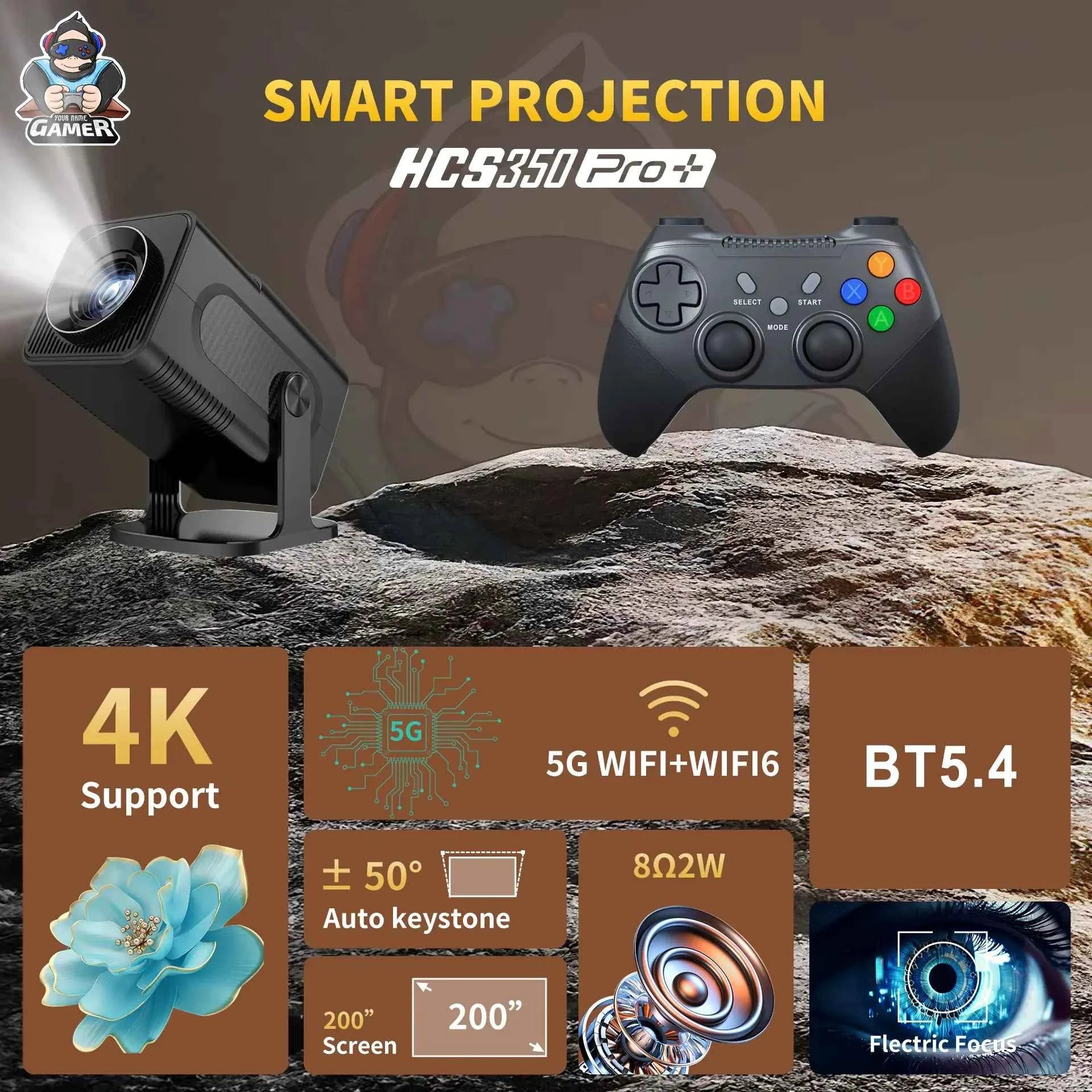 HCS350 Pro+ Smart Mini Projector | 4K Input, Android 16, 450 ANSI Lumens. 200" Home Cinema