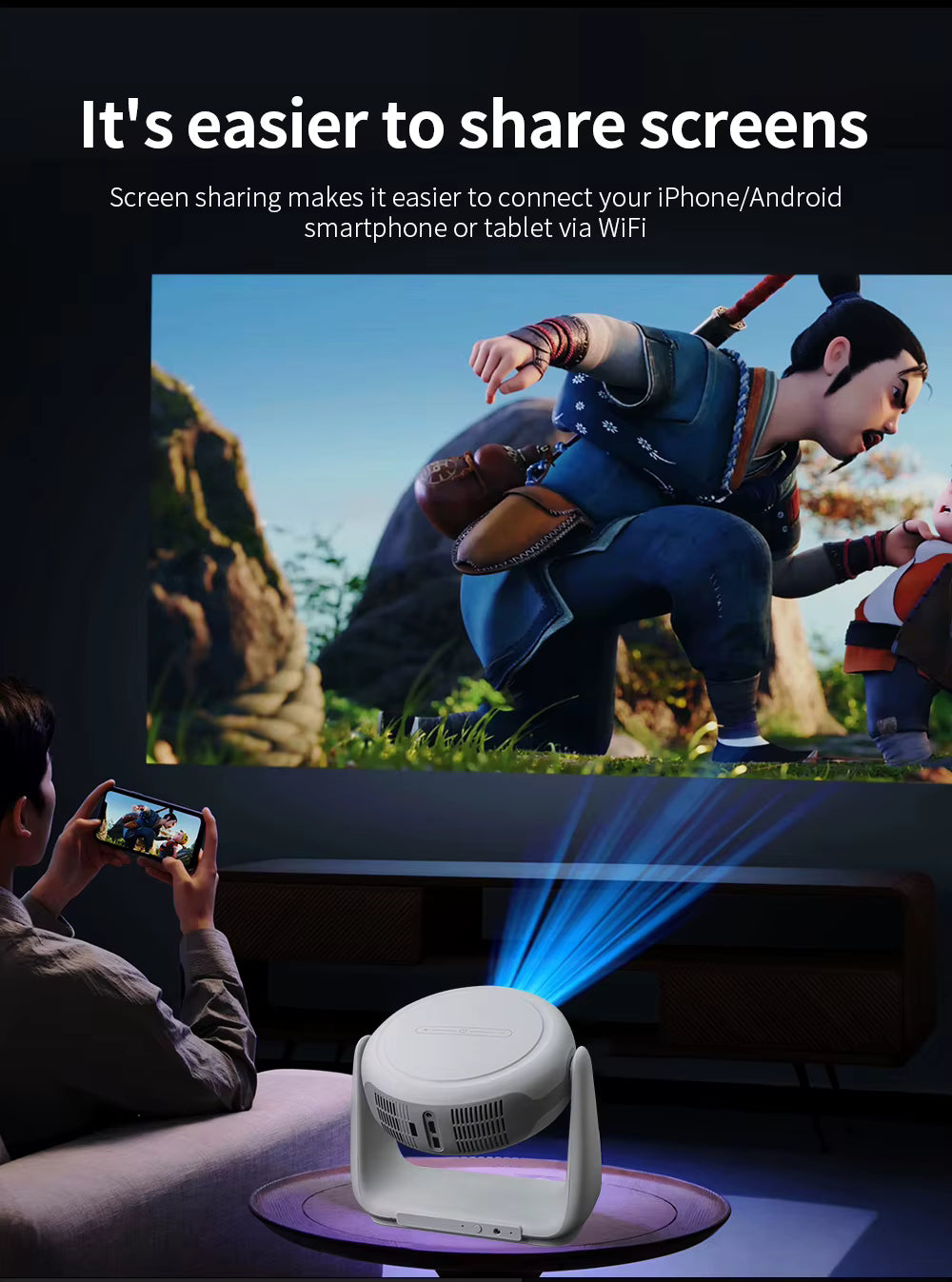 OEM Rotating Projector Mini Smart Android 11 Home Cinema, 230 ANSI Lumens, 1080P Portable 4K Rechargeable Projector