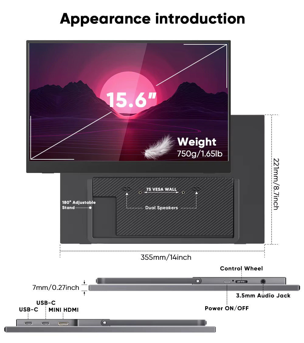 SIBOLAN Portable touchscreen monitor 15.6 inch FHD IPS display with USB dual extender and integrated kickstand for laptop and PC