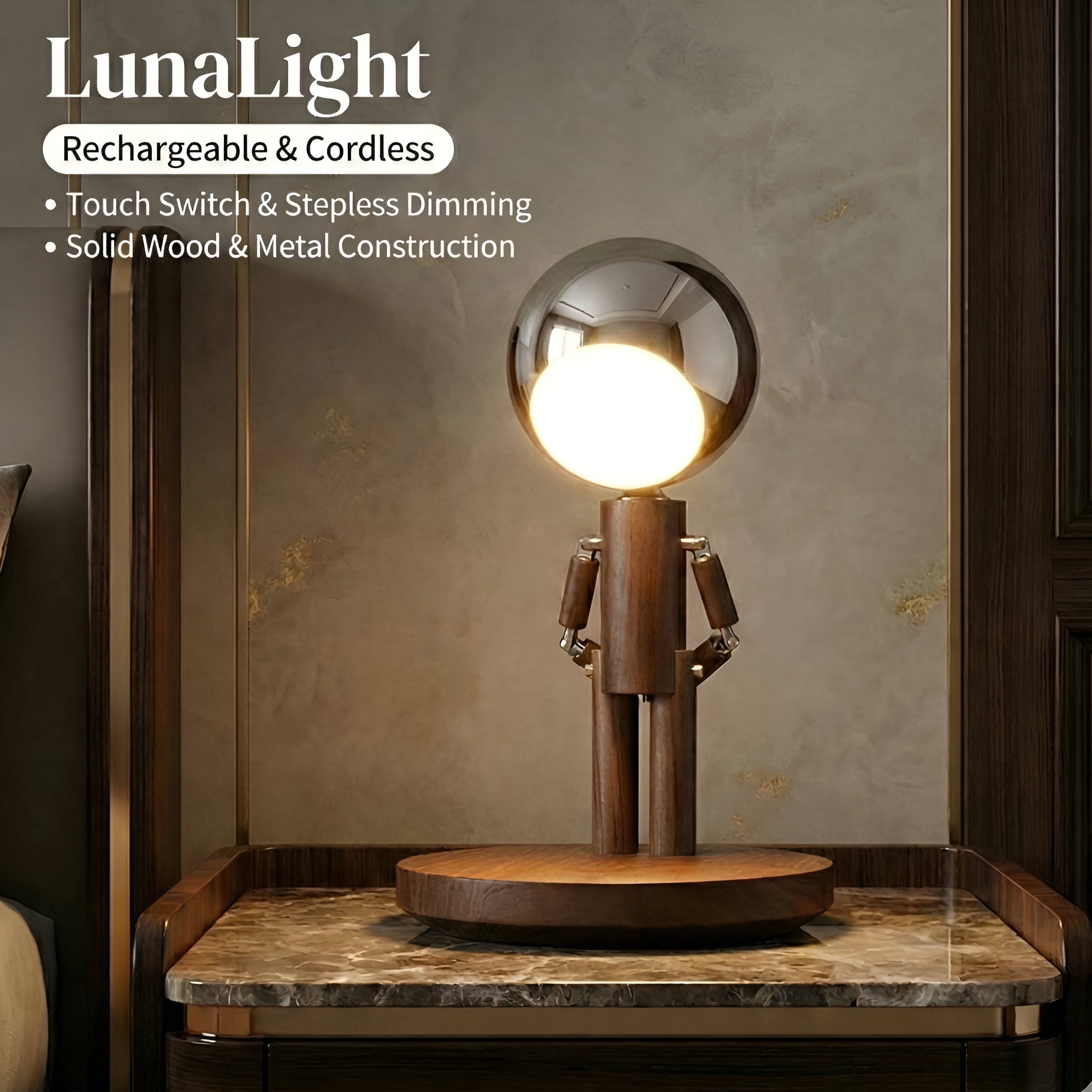 LunaLight: Articulated Wood Companion Lamp - Rechargeable | Benitronica