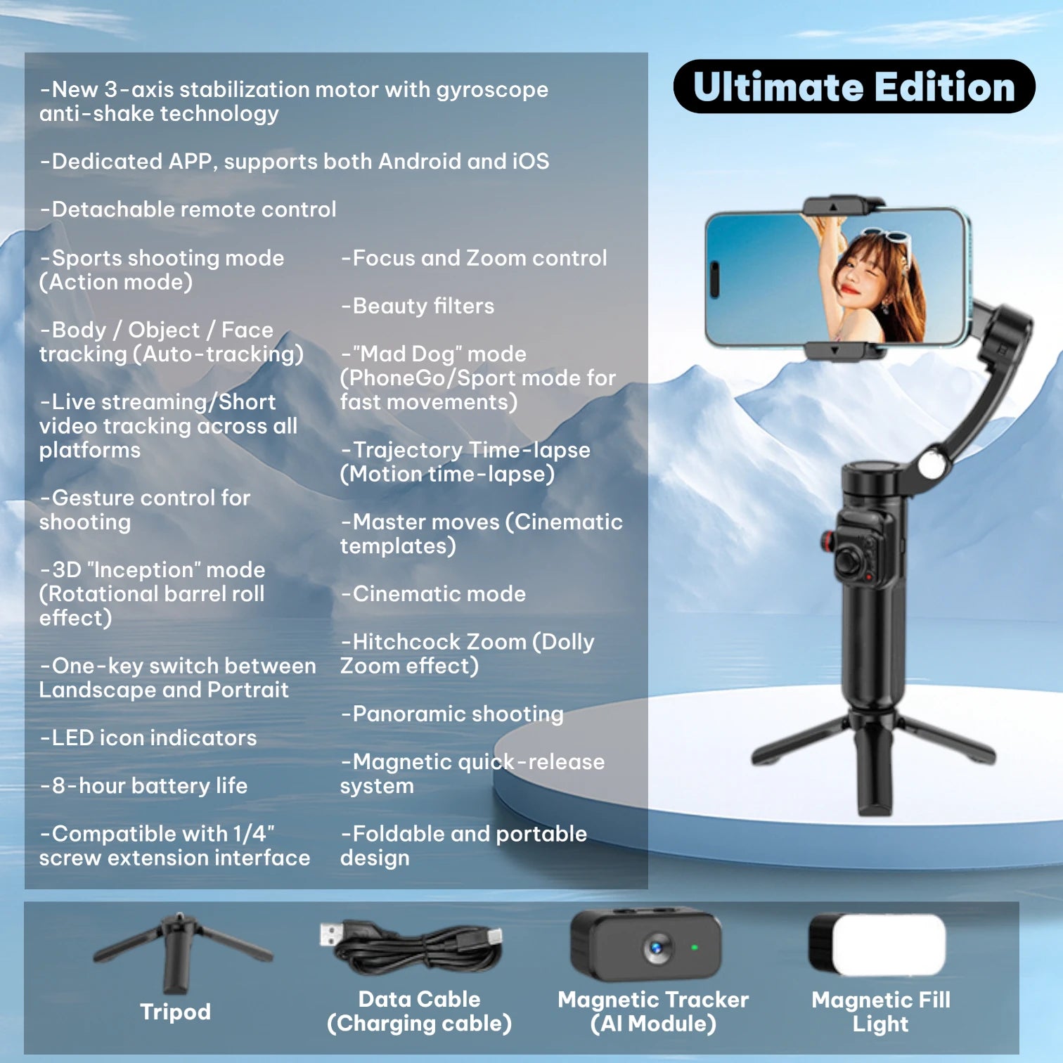 TOKQI M02 Handheld Gimbal Stabilizer with 3-Axis Anti-Shake, Remote & Tripod #Color=Ultimate Edition,Edizione Completa
