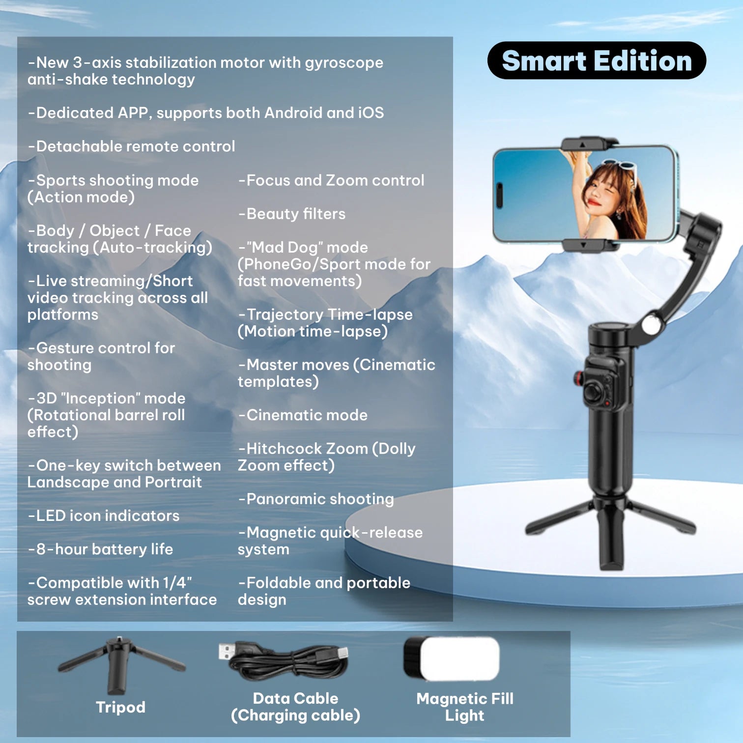 TOKQI M02 Handheld Gimbal Stabilizer with 3-Axis Anti-Shake, Remote & Tripod #Color=Light Edition,Edizione Luce