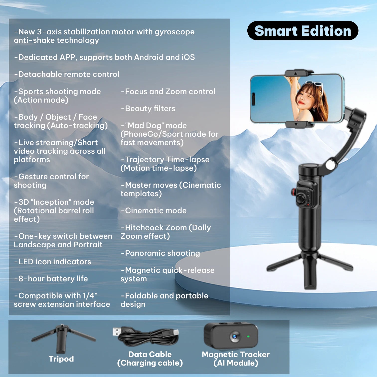TOKQI M02 Handheld Gimbal Stabilizer with 3-Axis Anti-Shake, Remote & Tripod #Color=Smart Edition,Edizione Intelligente