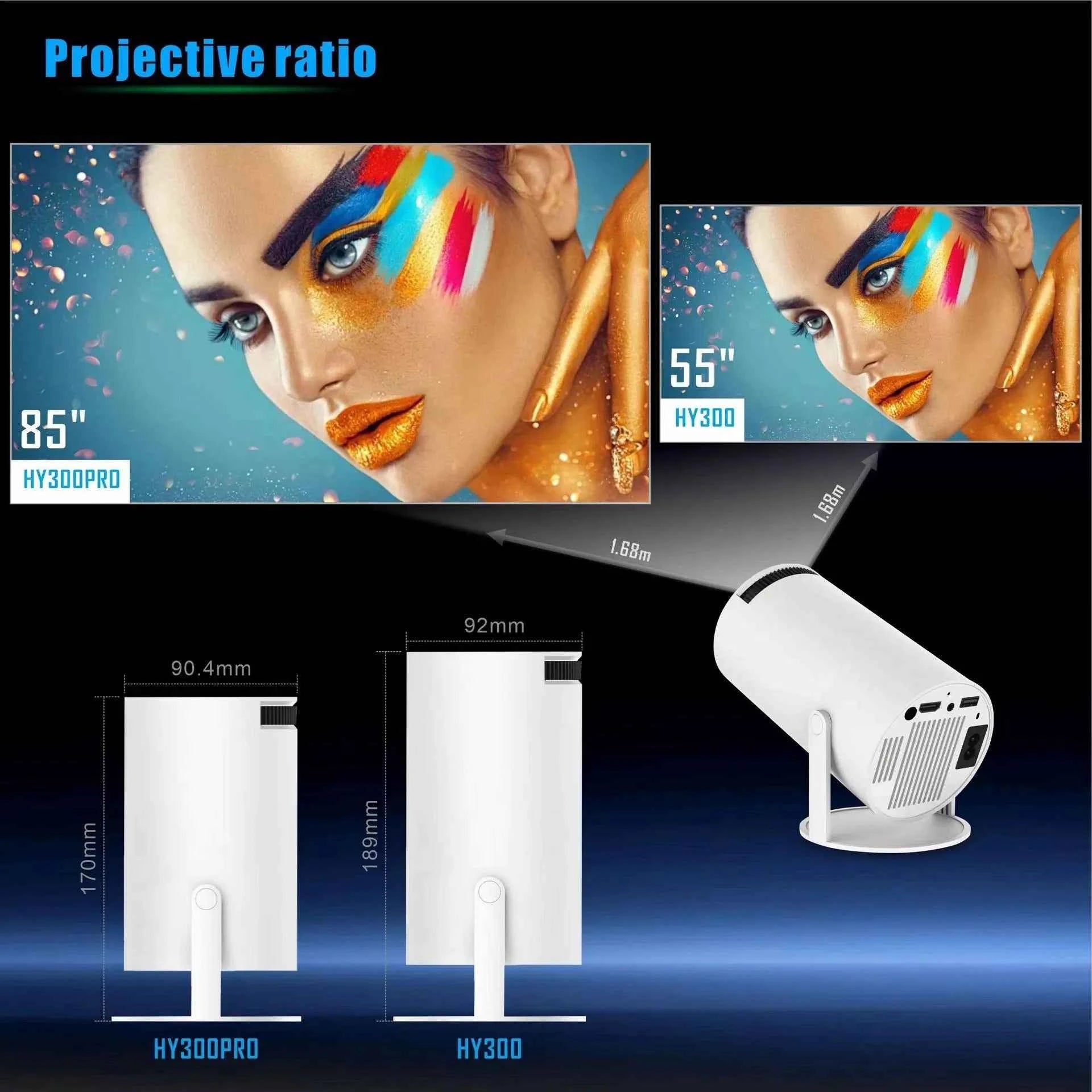 Portable Projector HY300 Pro LED 260 ANSI, Android 11 with Apps, 720P HD, Dual WiFi 6 & BT 5.0, Home and Outdoor Cinema