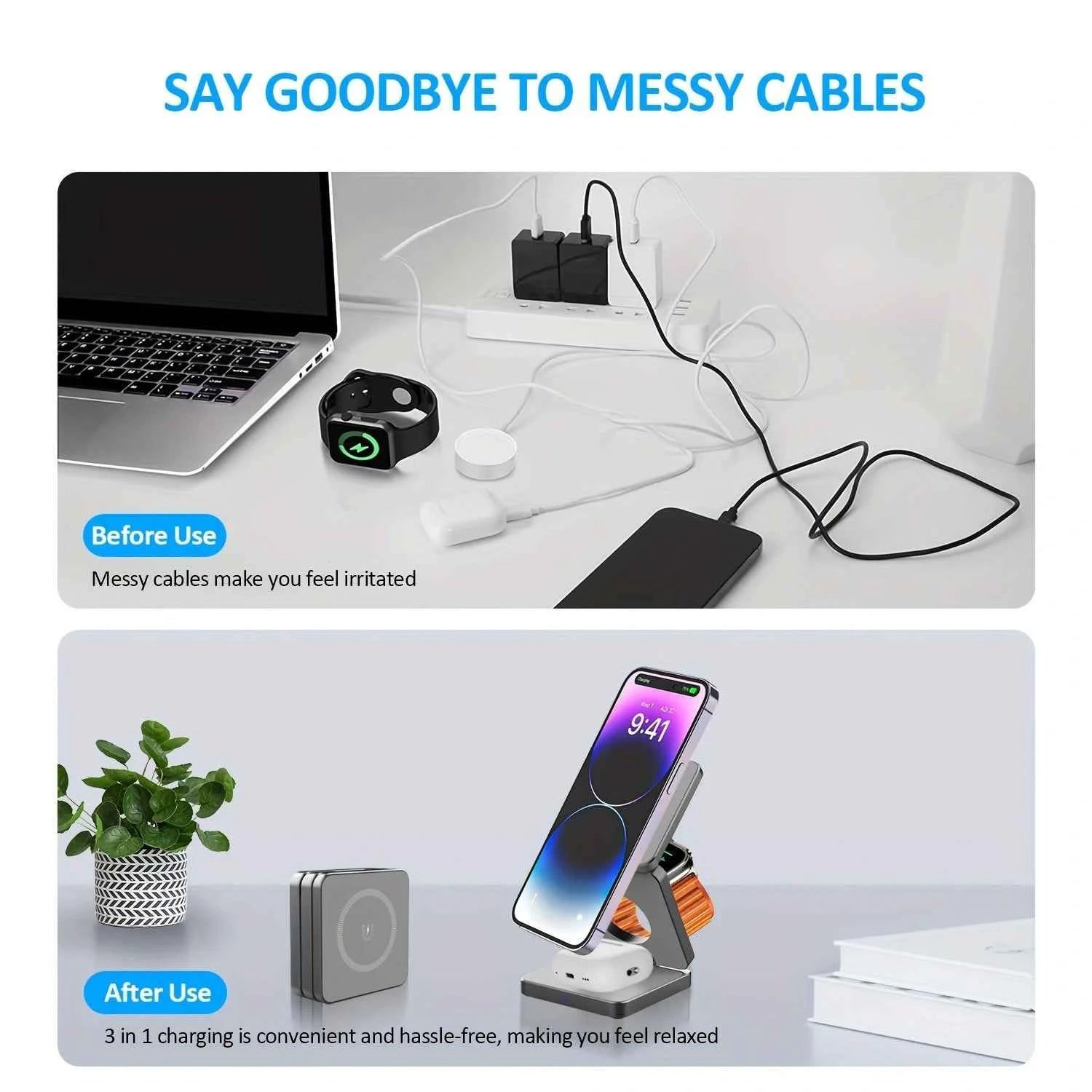 Magnetic Charger Station 3-in-1 | 15W Fast Wireless Dock for iPhone, Apple Watch, AirPods, MagSafe Android Phones, Google Pixel, Foldable Design
