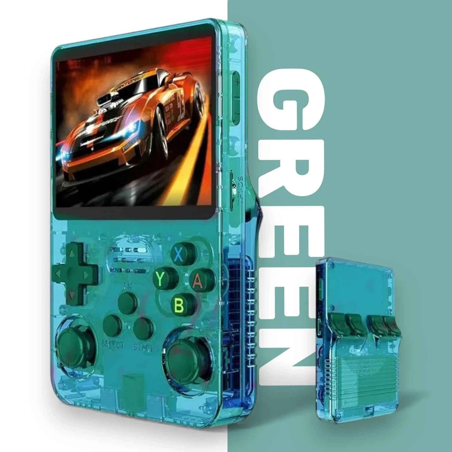 R36S Retro Handheld Console Transparent Version with 3.5 inch IPS Display, Open Source Linux System and Classic Game Support
#Color=Green,Verde