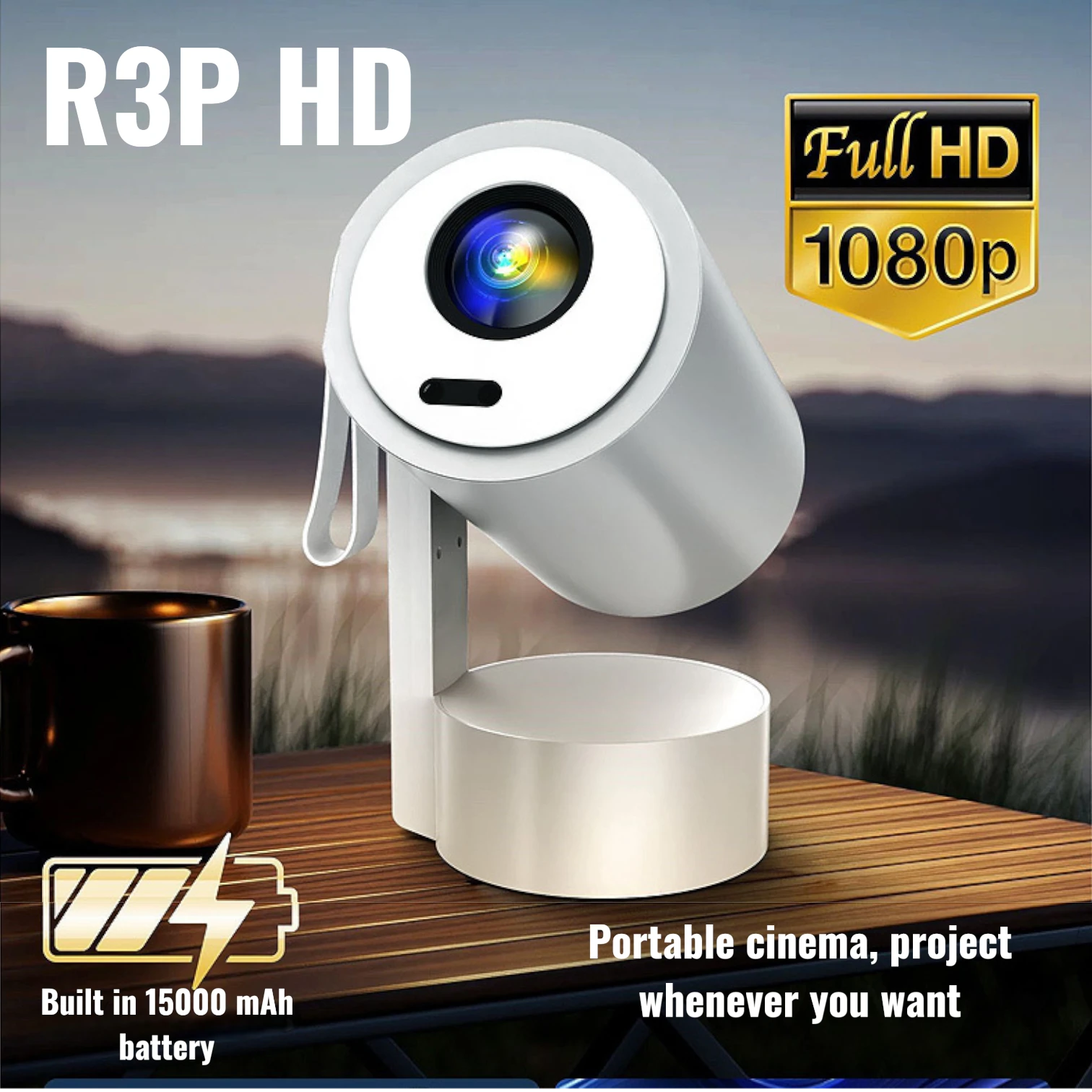 R3P Full HD Projector Battery Integrated Android 13 WiFi 6 Auto Focus
