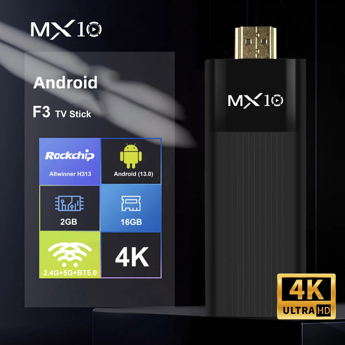 MX10-F3 TV Stick 4K Android 11 with All winner H313, Dual-Band WiFi 2.4G/5G, 2GB RAM 16GB Storage, TV Box Alternative to Fire Stick