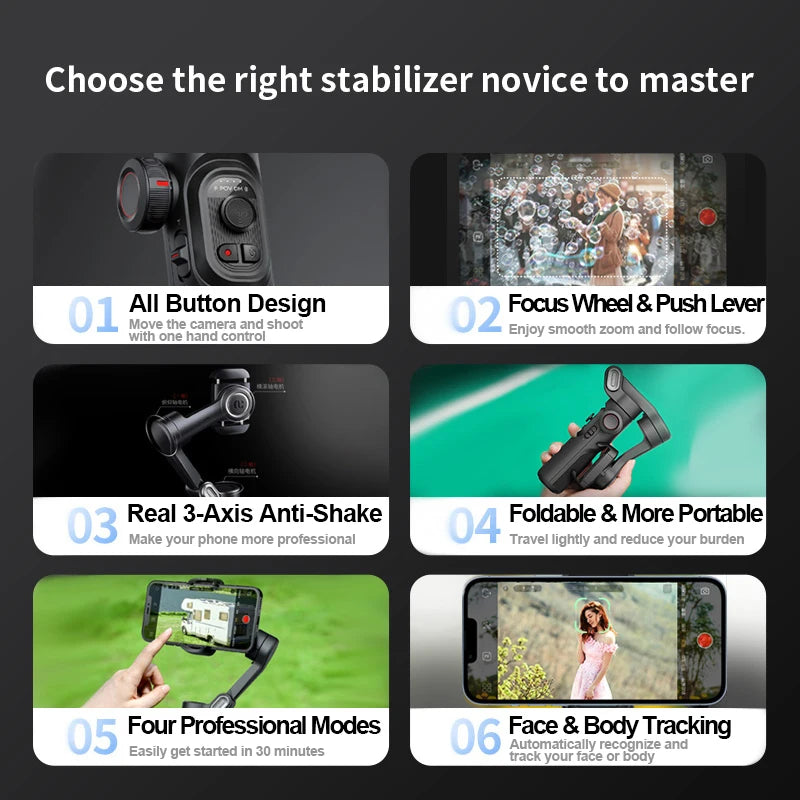 Smartphone Gimbal Stabilizer AOCHUAN 3-Axis Handheld Mount with Fill Light, Face Tracking, and Vlogging Mode for iPhone and Android (Smart XE)