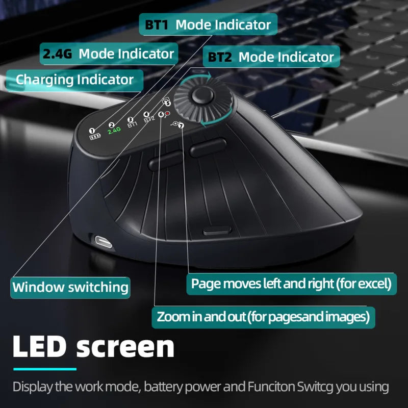 Ergonomic Mouse – Multi-Device Vertical Wireless Mouse with Adjustable Function Knob, Rechargeable, 2.4G & Bluetooth for PC and Tablet