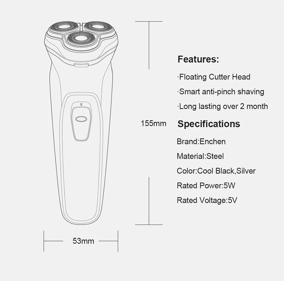 ENCHEN Rotary Shaver Blackstone 3D Floating Blade Electric Razor for Men | USB-C Rechargeable & Washable Beard Trimmer
