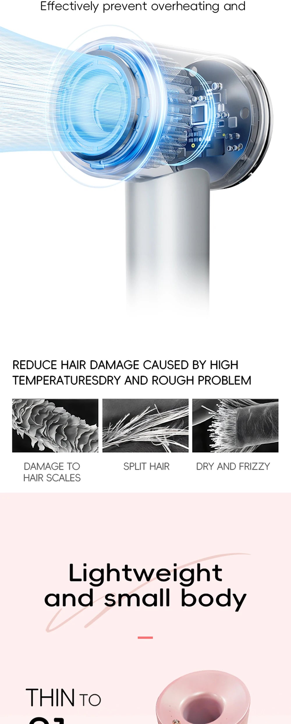 Hair Dryer Professional Leafless Design, Strong Airflow, Quick Drying, Negative Ion Technology, Travel & Home Use