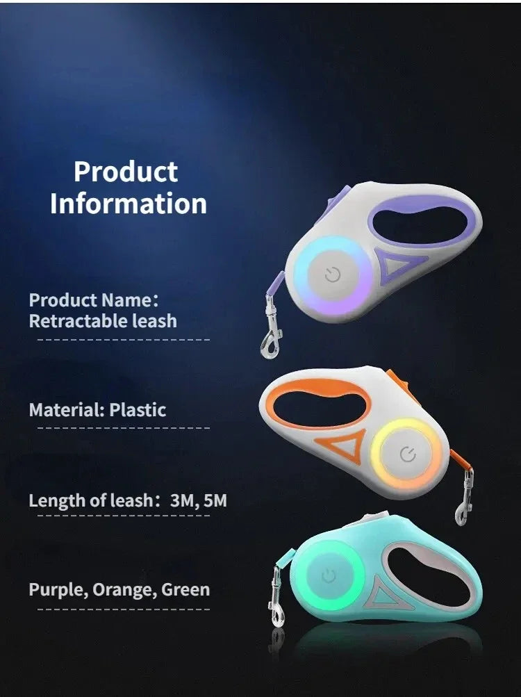 Dog Leash Retractable 3M/5M Automatic Rope with Flashlight, Anti-Slip Handle, 360° Tangle-Free, One-Button Lock for Night Walking