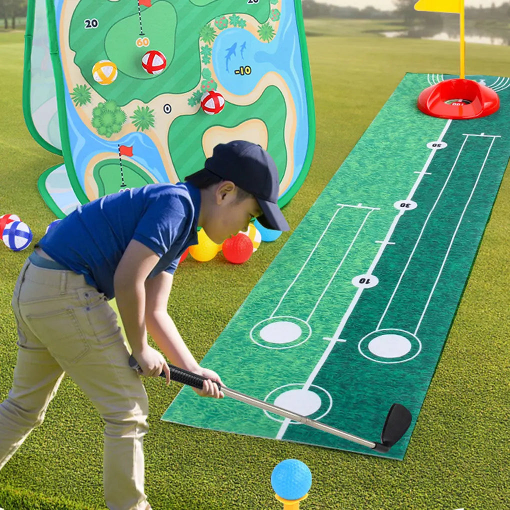 Kids Golf Game Chipping Mat Set with Dart Target, Golf Club, Sticky Balls, Outdoor Training and Toy Set