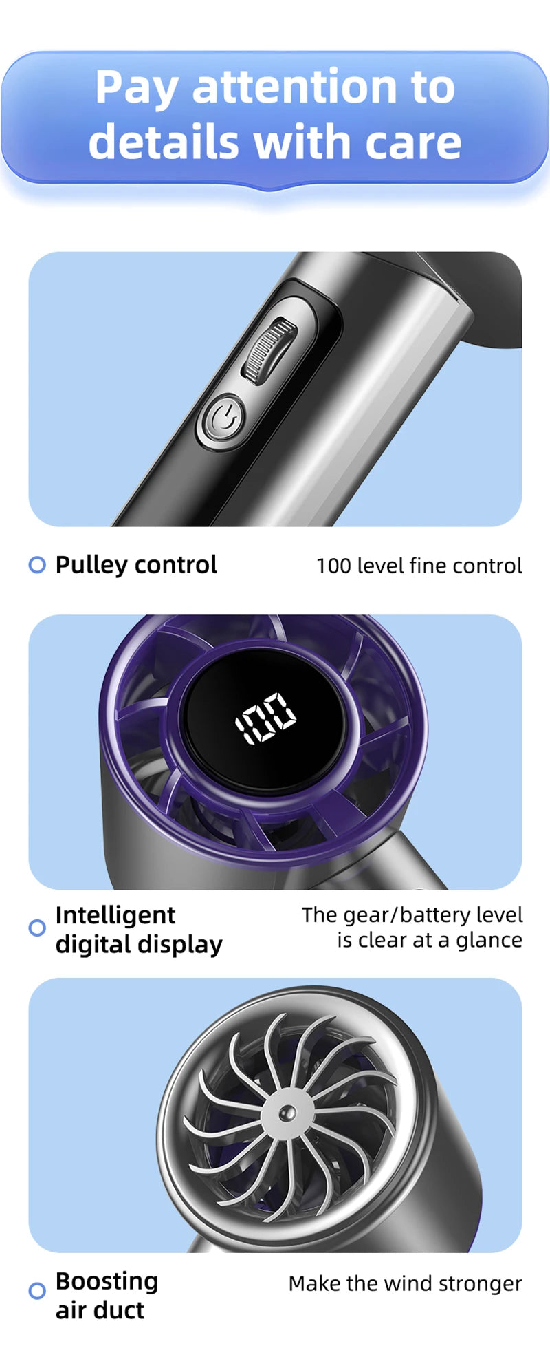 Turbo Handheld Fan Xiaomi F08 with LED Display, 100-Speed Adjustment, Long-Lasting Battery & USB Fast Charging