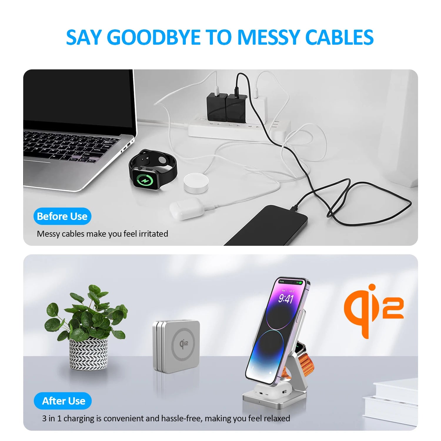 Magnetic Charger Station – Qi2 3-in-1 15W Fast Wireless Charging Dock for iPhone 16/15/14/13, Apple Watch & AirPods, Foldable Design