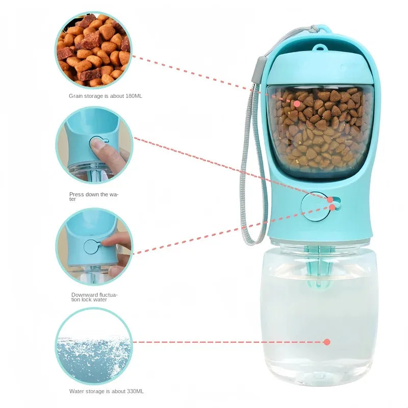 Portable Pet Bottle 350ml with Food and Water Container, Travel Feeder Bowl for Dogs and Cats, Outdoor Leak-Proof Dispenser for Puppies and Small Pets