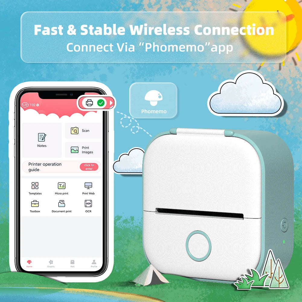 Phomemo Mini Printer Portable Thermal Printer 203dpi, Wireless Bluetooth, USB Cable Included, Prints Photos, Labels, Memos & To-Do Lists
