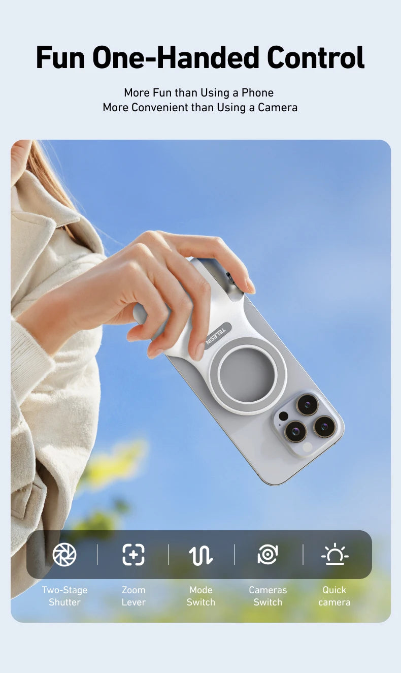 TELESIN Camera Grip Magnetic Phone Holder with Shooting Aid and Remote Control for iPhone and Android Devices