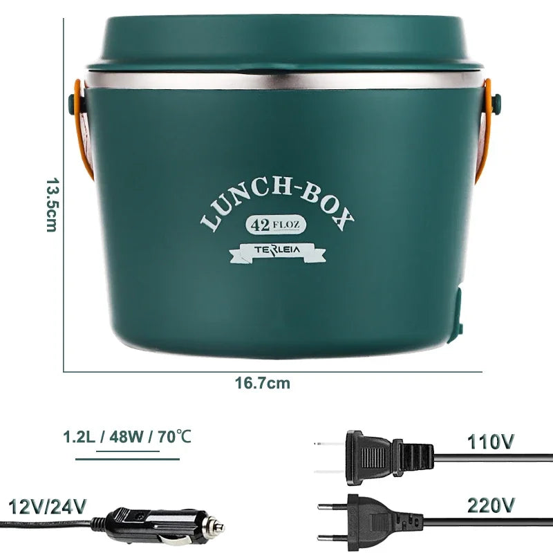 Portable Lunch Box Electric Stainless Steel Food Warmer with Cutlery for Office, Car, Travel & Picnic | 12V 24V 110V 220V Thermostat Heater