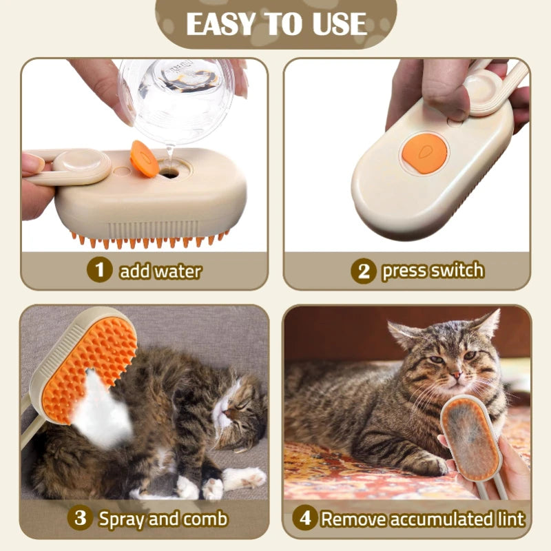 Steam Brush Cat 3in1 Pet Hair Remover, Steamy Spray Grooming Comb, Massage & Cleaning Supplies for Cats