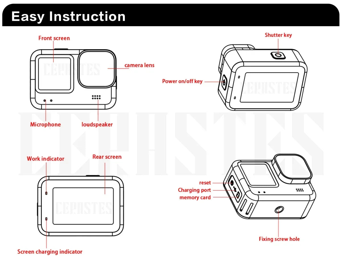 CERASTES Action Camera V11 5K/4K60FPS WiFi Waterproof Sports Cam with Anti-Shake, Remote Control, Dual Screen, and Pro Drive Recording