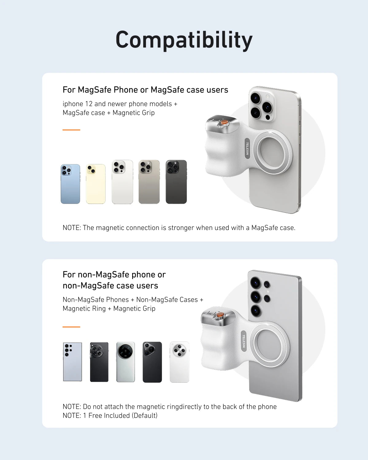 TELESIN Camera Grip Magnetic Phone Holder with Shooting Aid and Remote Control for iPhone and Android Devices