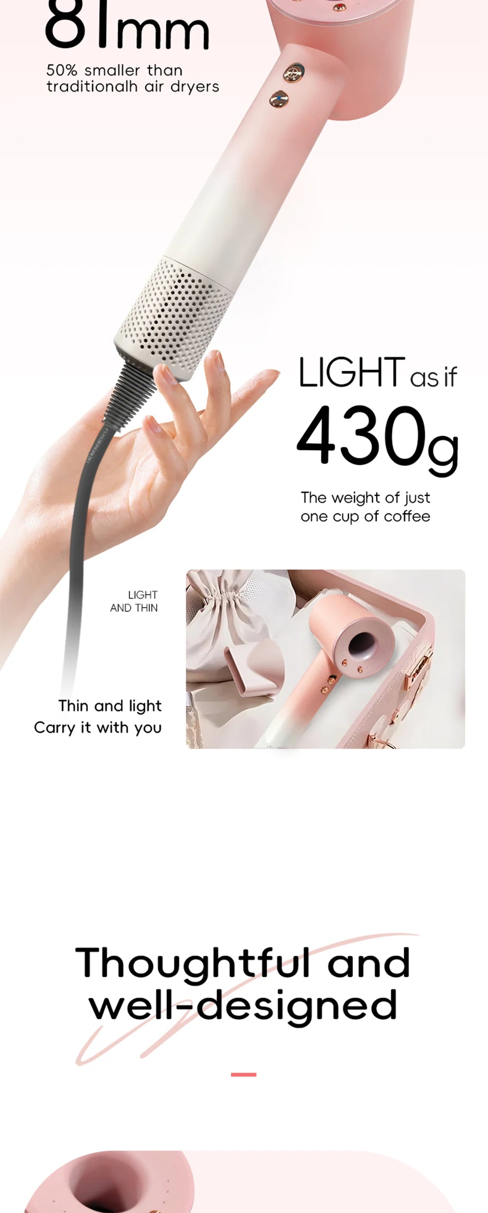 Hair Dryer Professional Leafless Design, Strong Airflow, Quick Drying, Negative Ion Technology, Travel & Home Use