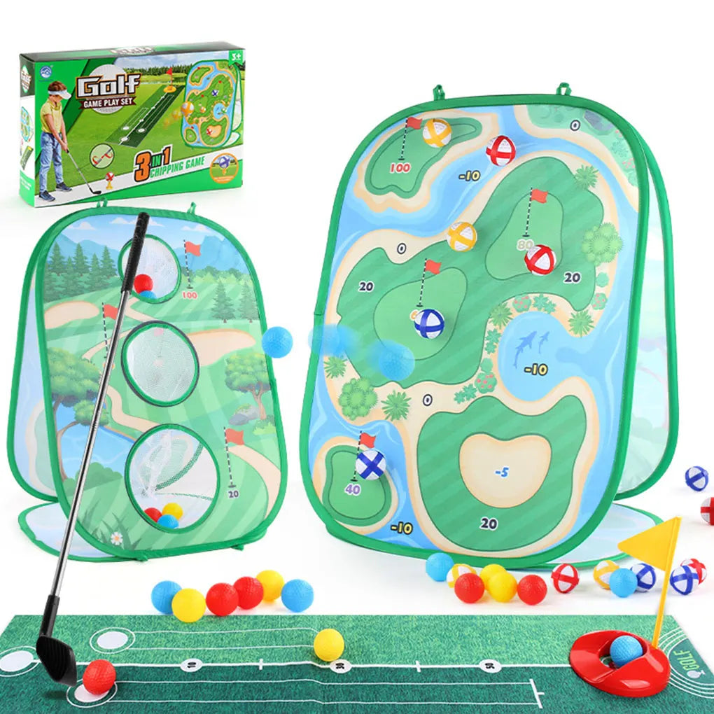 Kids Golf Game Chipping Mat Set with Dart Target, Golf Club, Sticky Balls, Outdoor Training and Toy Set