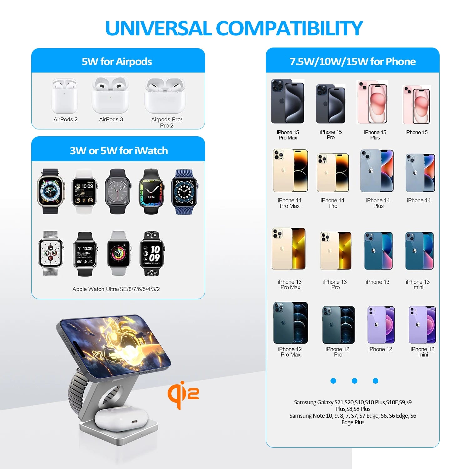Magnetic Charger Station – Qi2 3-in-1 15W Fast Wireless Charging Dock for iPhone 16/15/14/13, Apple Watch & AirPods, Foldable Design