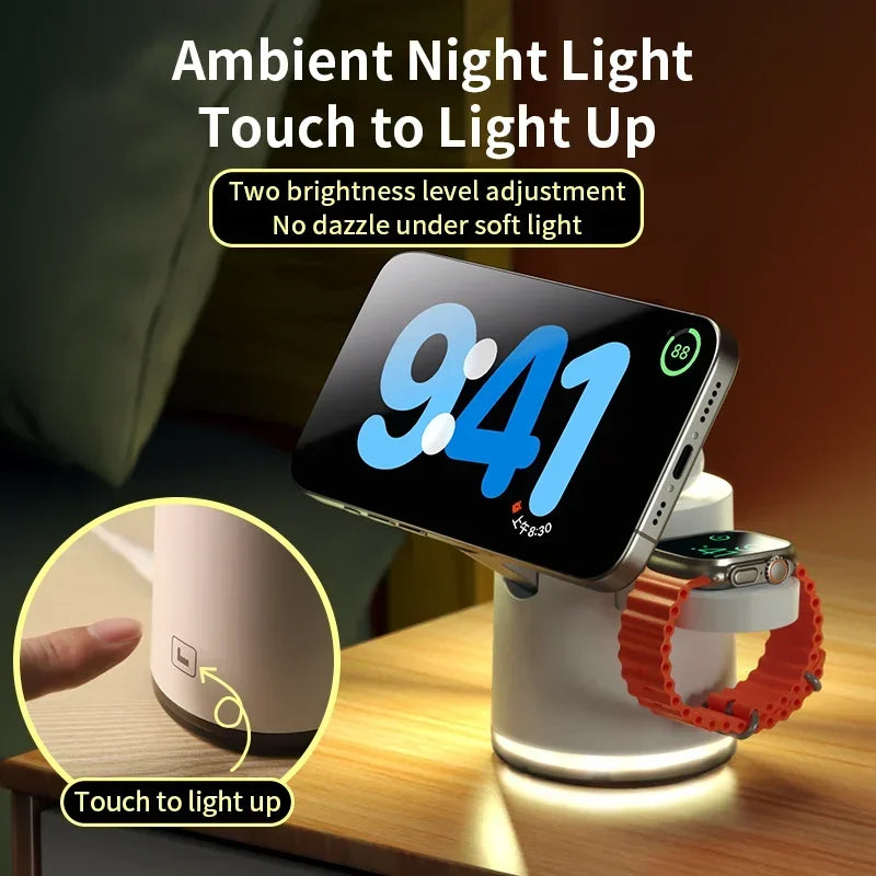 Wireless Charger Dock 4 in 1 Fast Charging Stand with Night Light, MagSafe iPhone 17/16/15/14 Pro Max, Apple Watch, and AirPods Pro 2–8