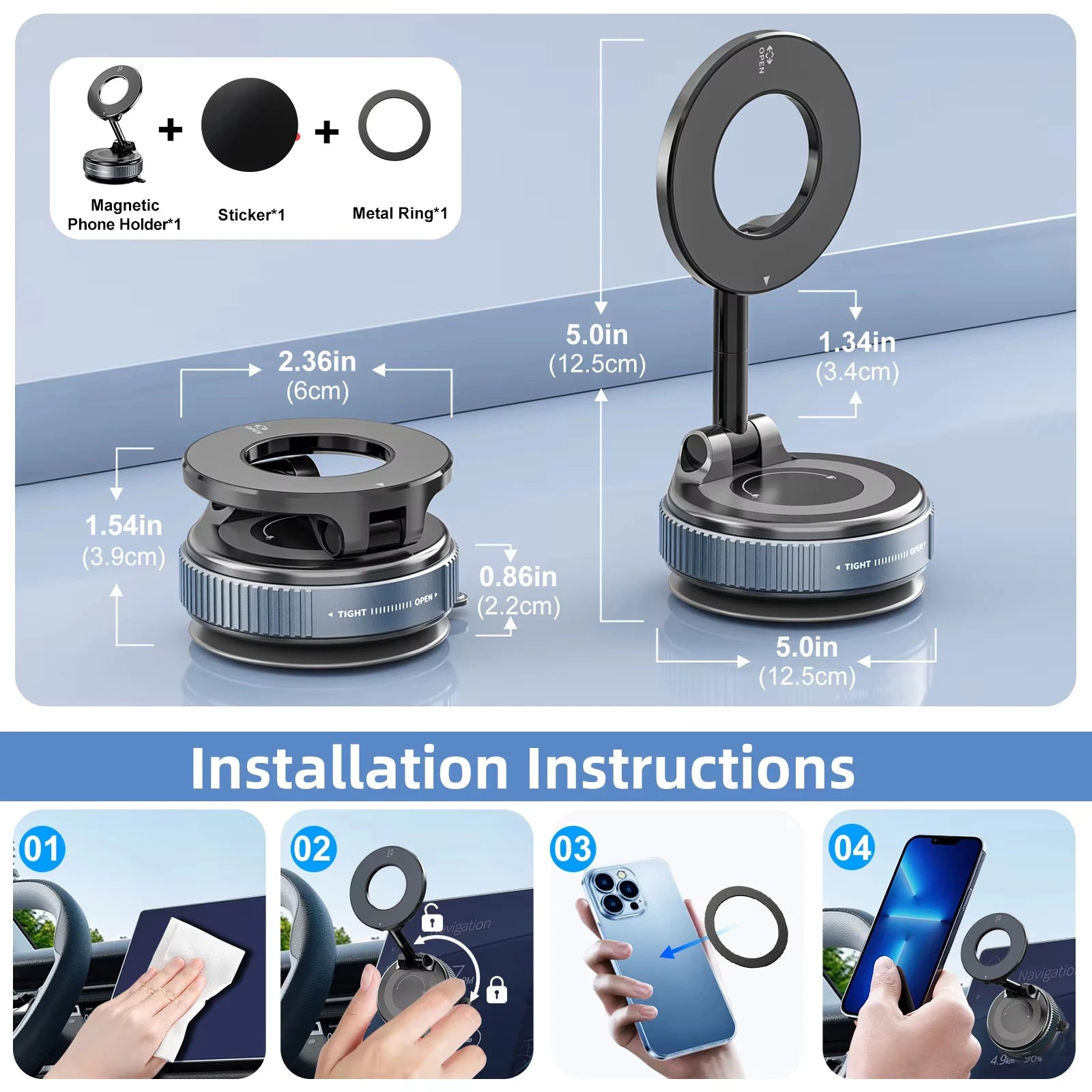 Magnetic Phone Mount for Car 360° Rotating Phone Holder with Mechanical Vacuum Suction Cup, Strong Magnetic Lock, Universal Navigation Bracket