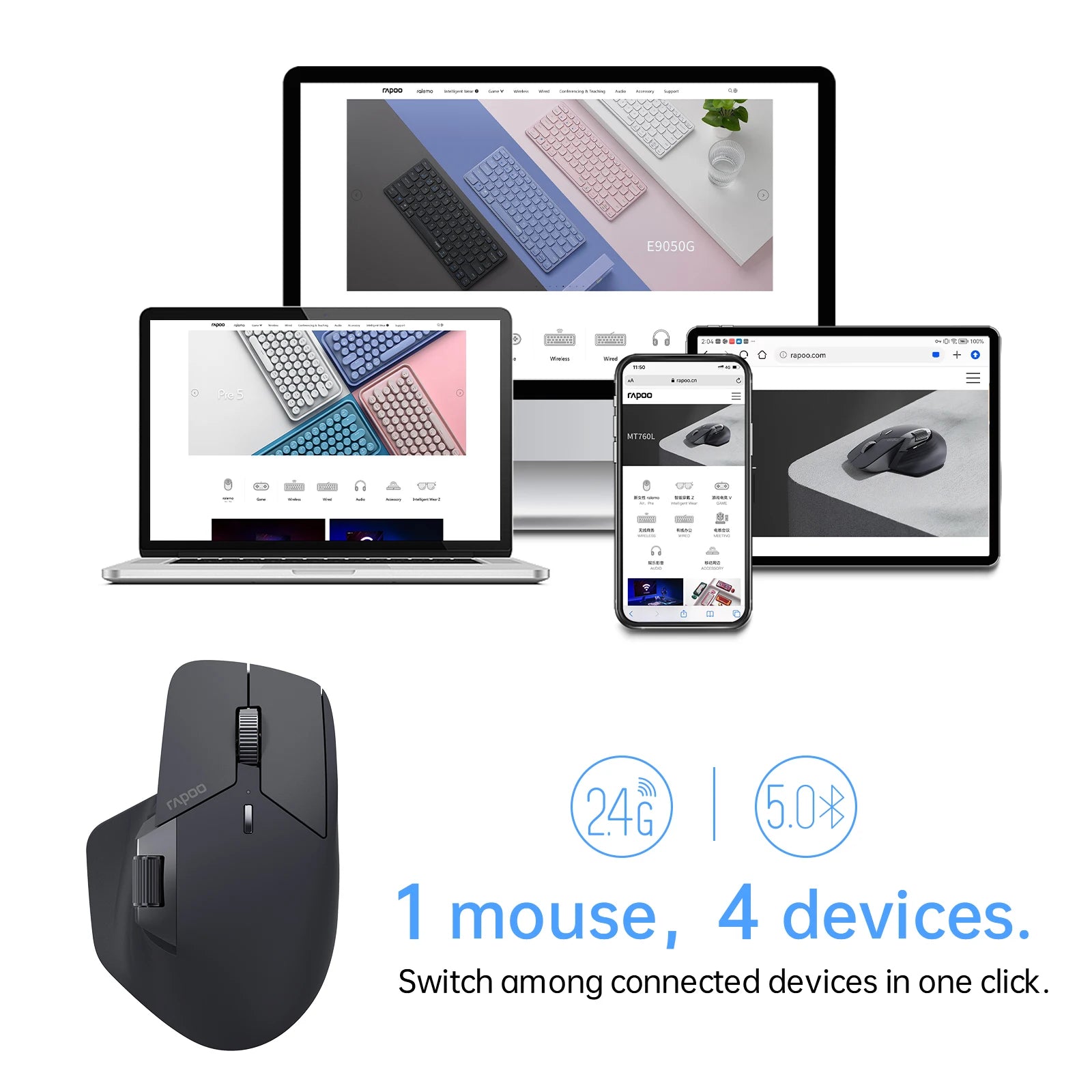 Ergonomic Wireless Mouse – Rapoo MT760L Multi-Mode Rechargeable Mouse, 4000 DPI, Supports up to 4 Devices via Bluetooth and 2.4G