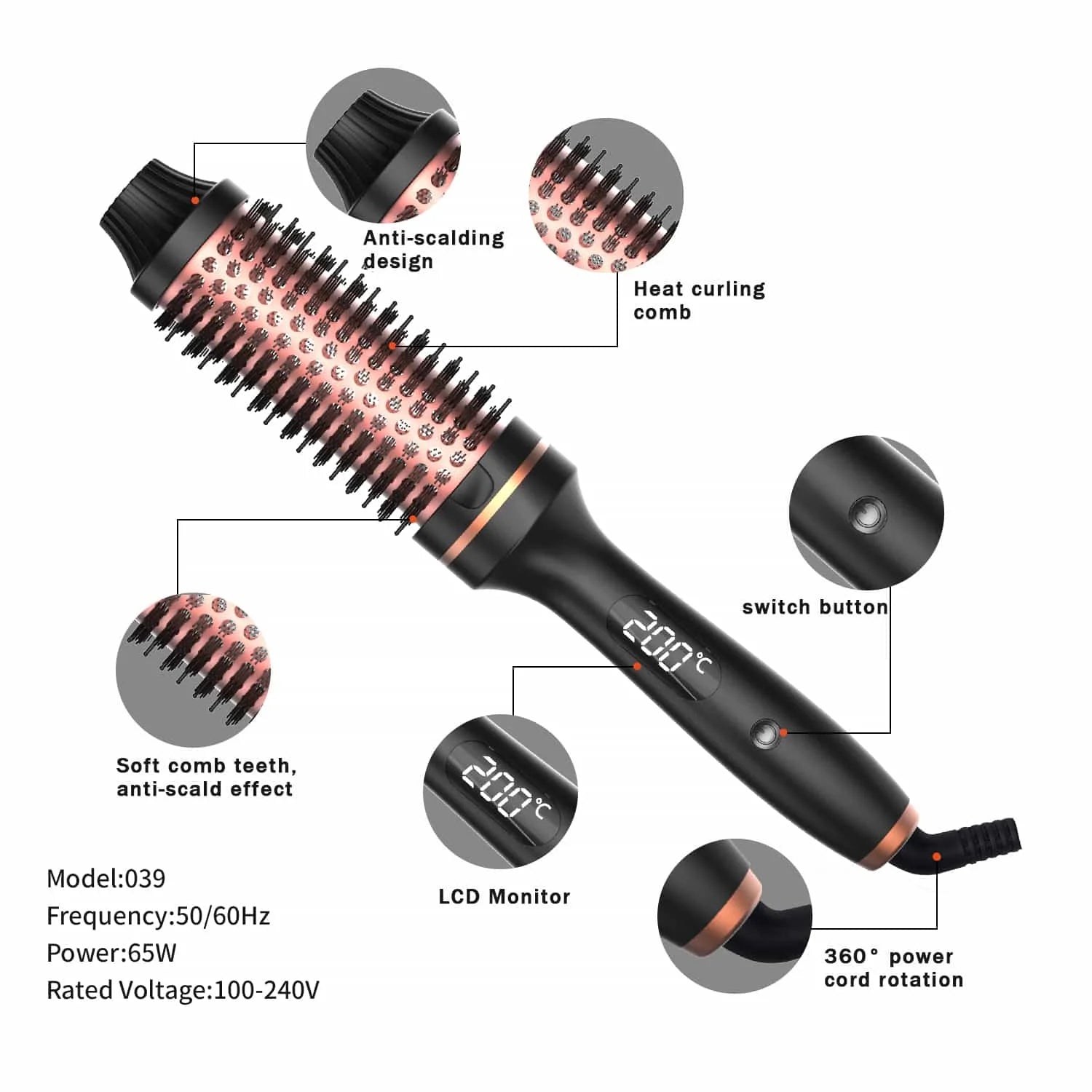 3 in 1 Hair Curler Straightener Brush Ceramic Thermal Curling Iron Volumizing Comb with Double PTC Heater, Professional Heated Styling Tool