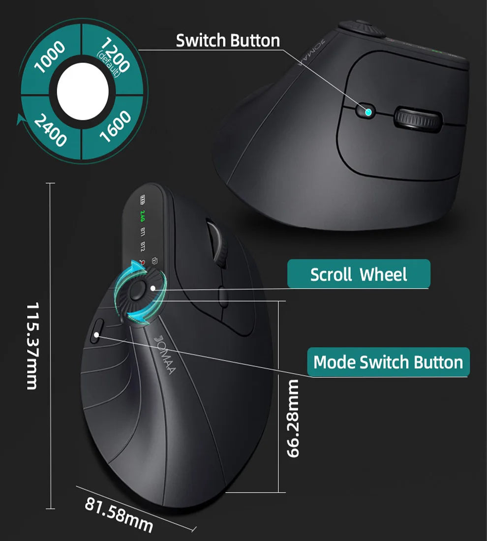 Ergonomic Mouse – Multi-Device Vertical Wireless Mouse with Adjustable Function Knob, Rechargeable, 2.4G & Bluetooth for PC and Tablet