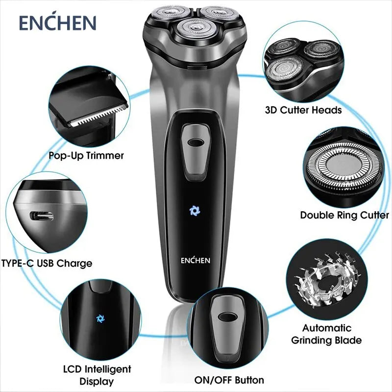 ENCHEN Rotary Shaver Blackstone 3D Floating Blade Electric Razor for Men | USB-C Rechargeable & Washable Beard Trimmer