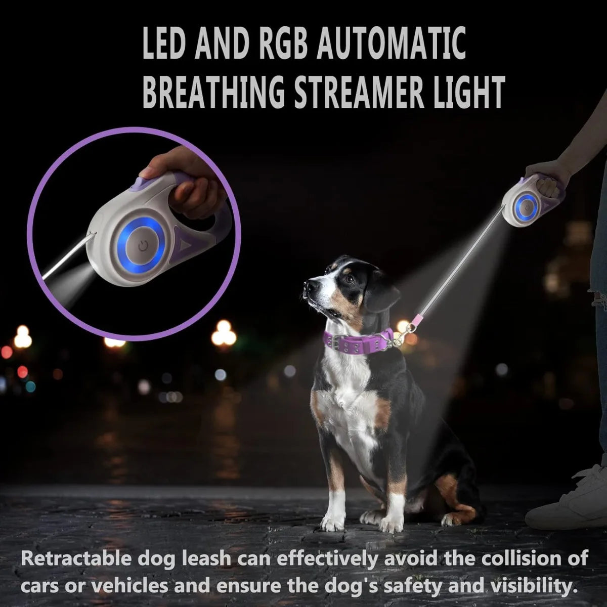 Dog Leash Retractable 3M/5M Automatic Rope with Flashlight, Anti-Slip Handle, 360° Tangle-Free, One-Button Lock for Night Walking