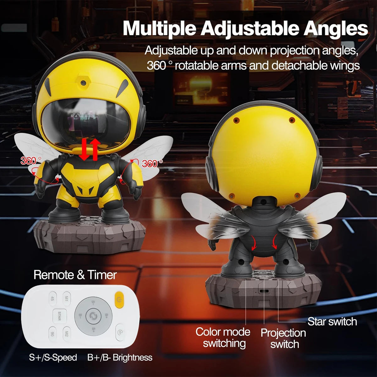 Bee Astronaut Galaxy Projector Star Night Light with Nebula Effects, LED Ceiling Lamp for Kids with Remote & Timer