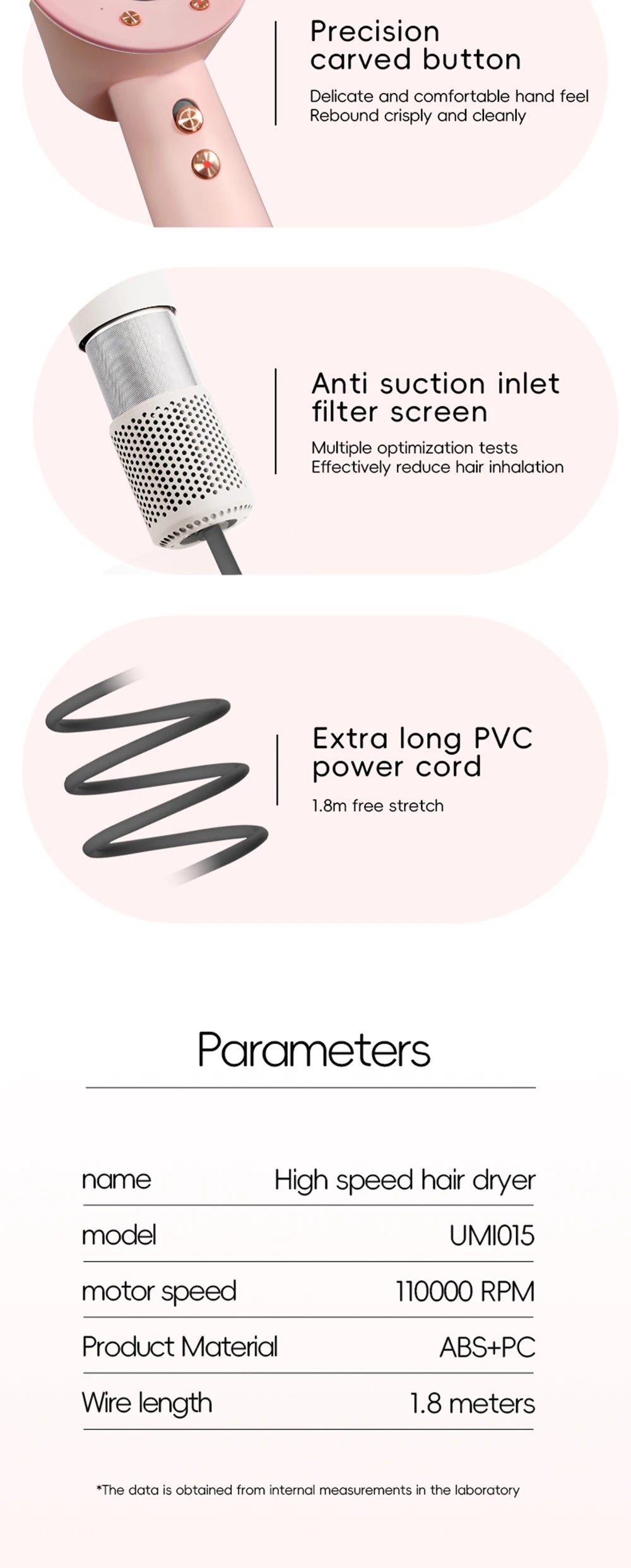 Hair Dryer Professional Leafless Design, Strong Airflow, Quick Drying, Negative Ion Technology, Travel & Home Use