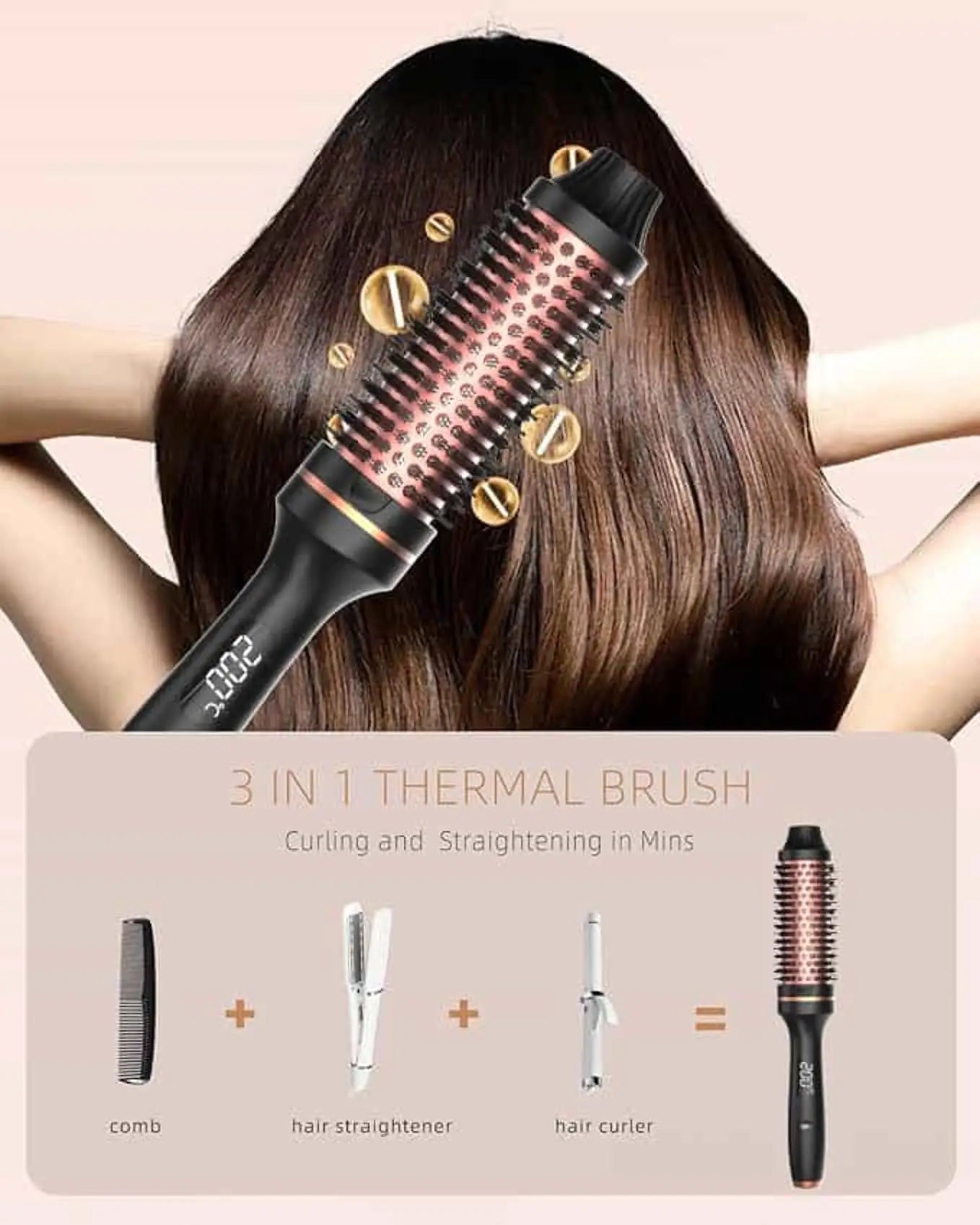 3 in 1 Hair Curler Straightener Brush Ceramic Thermal Curling Iron Volumizing Comb with Double PTC Heater, Professional Heated Styling Tool