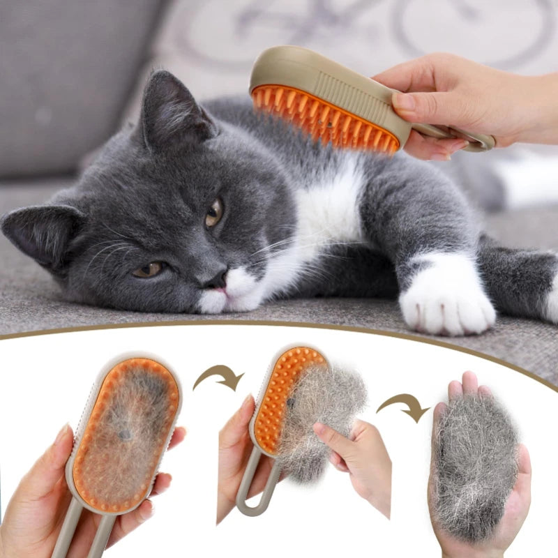 Steam Brush Cat 3in1 Pet Hair Remover, Steamy Spray Grooming Comb, Massage & Cleaning Supplies for Cats