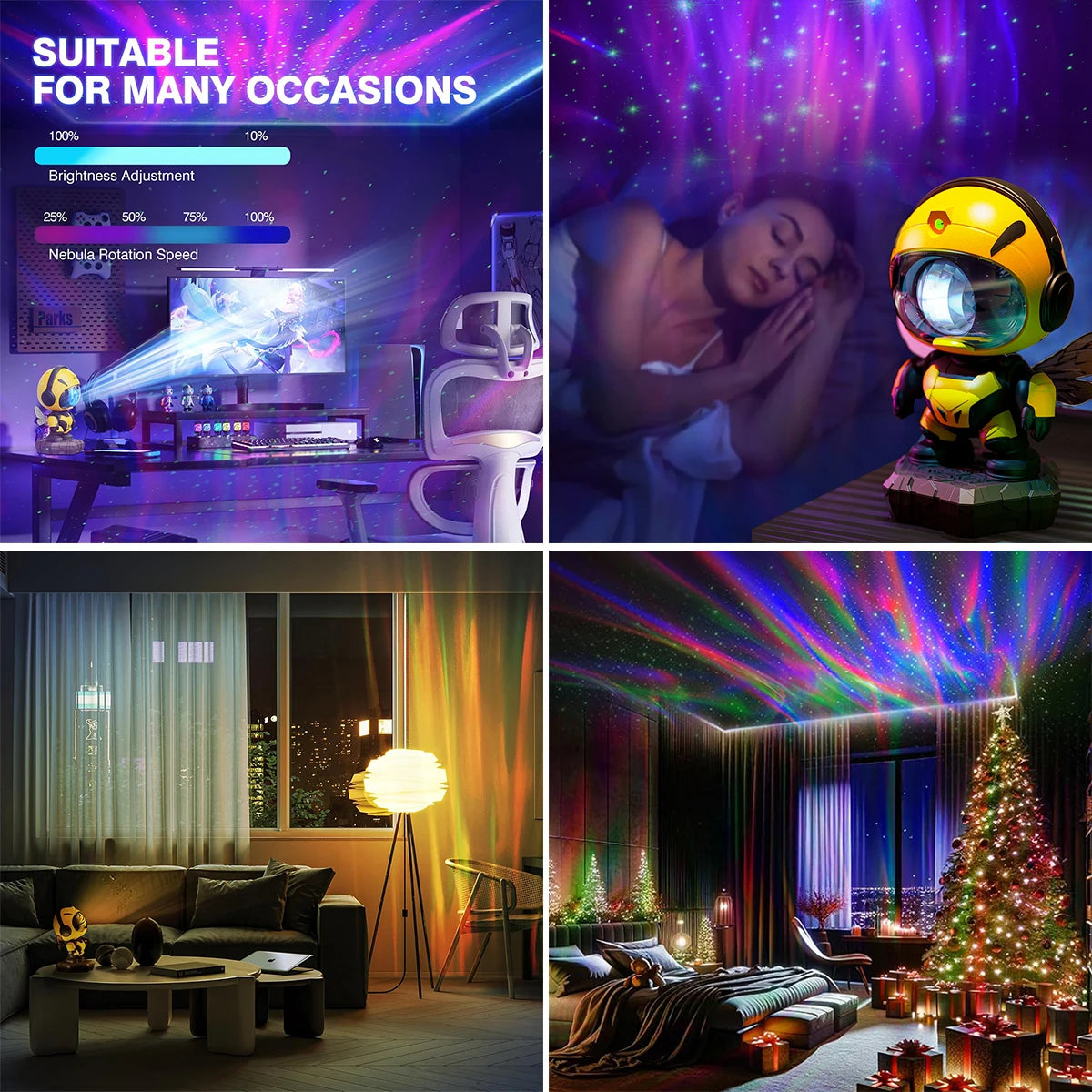 Bee Astronaut Galaxy Projector Star Night Light with Nebula Effects, LED Ceiling Lamp for Kids with Remote & Timer
