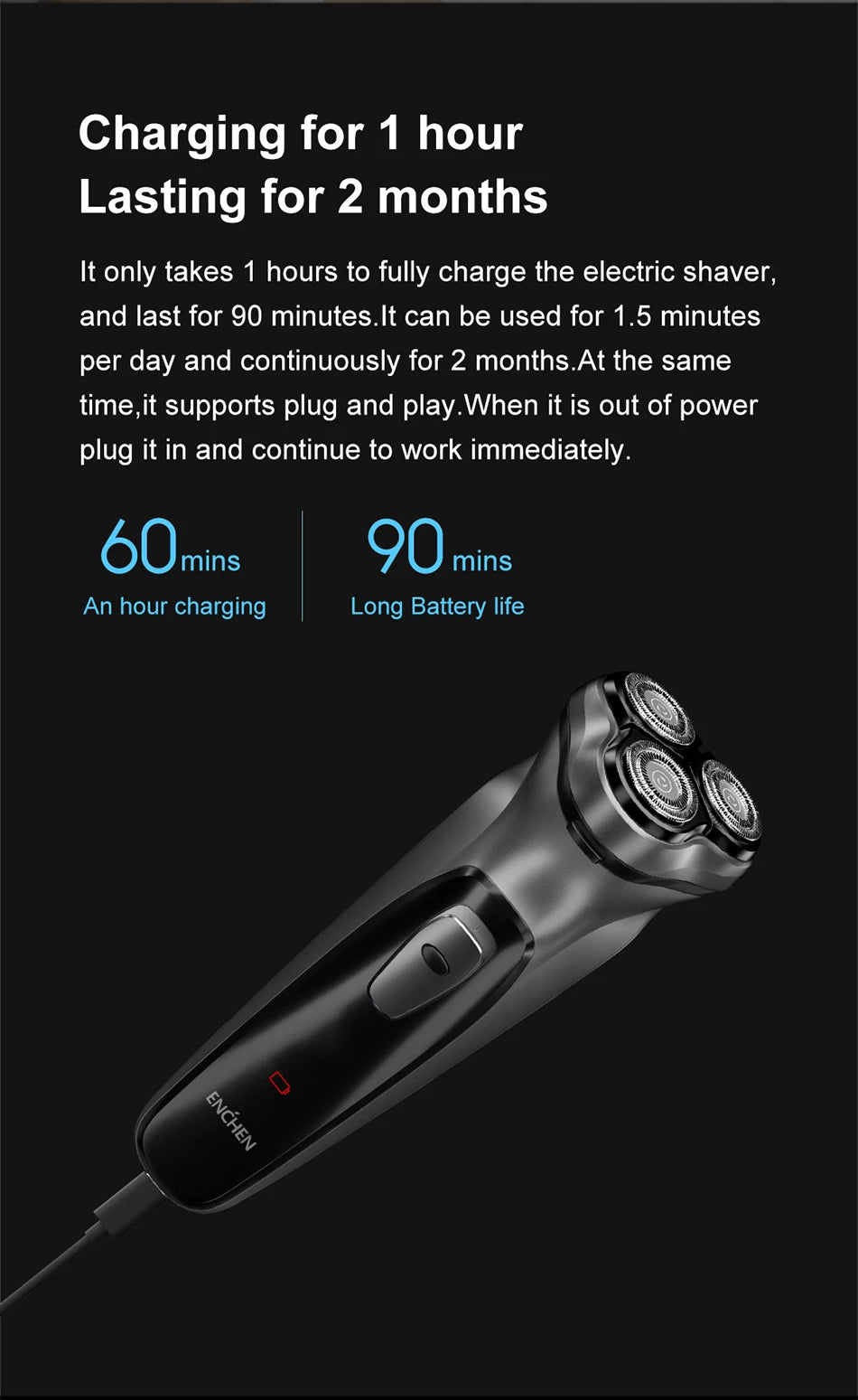 ENCHEN Rotary Shaver Blackstone 3D Floating Blade Electric Razor for Men | USB-C Rechargeable & Washable Beard Trimmer