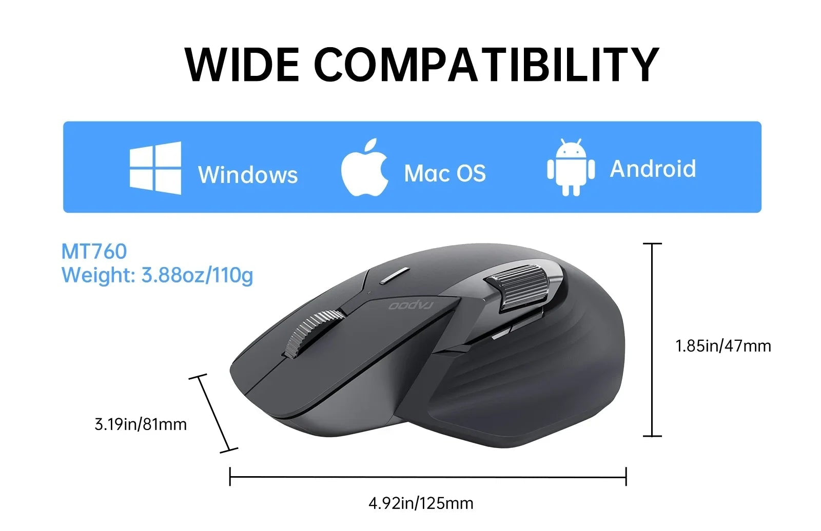 Ergonomic Wireless Mouse – Rapoo MT760L Multi-Mode Rechargeable Mouse, 4000 DPI, Supports up to 4 Devices via Bluetooth and 2.4G